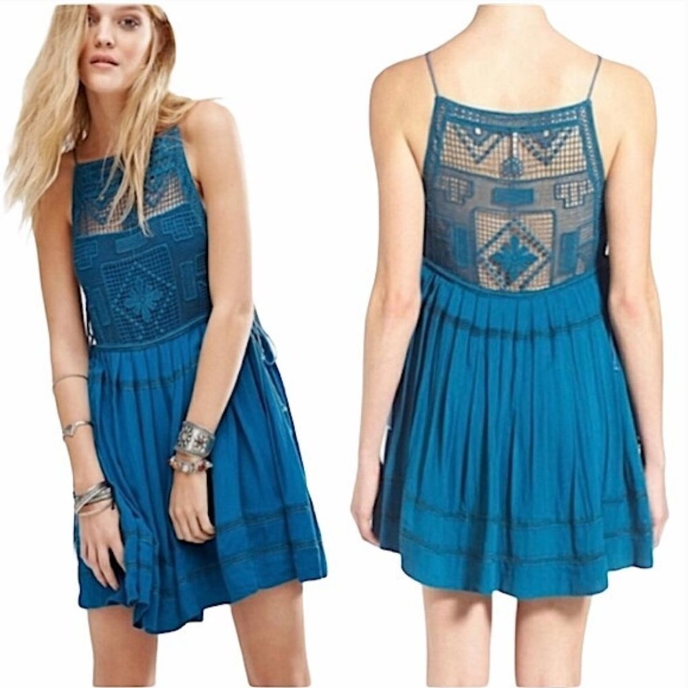 Free People Teal 'Emily' Dress with Crochet Lace Panel and Pleated Skirt